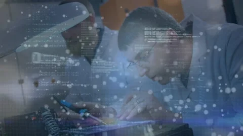 Animation of white spots and data processing over two caucasian male engineers Stock Footage 209233040