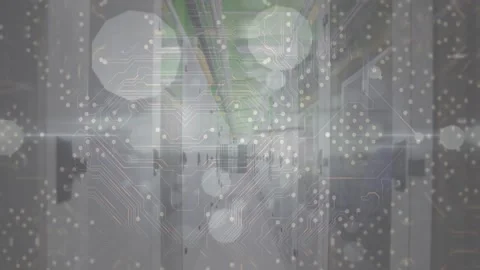 Animation of white spots and microprocessor connections against computer server Vídeo Stock 240986938
