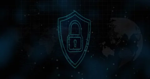 Animation of white spots over security padlock icon against spinning globe and Stock Footage 329775604