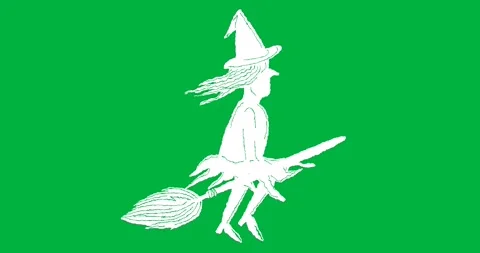 Animation of white witch on broom appearing on black background Stock Footage 318815366