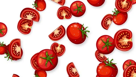 Animation of Whole and Sliced Red Tomatoes Falling on White Background Stock Footage 344848639