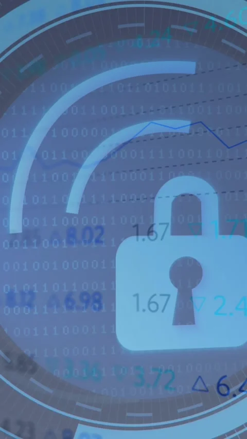 Animation of wi-fi and padlock in loading circles with trading board over white Stock Footage 320921596