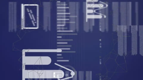Animation of wifi icons, bar graphs, programming language and cellphone icons Stock Footage 312669060