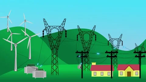 Animation of a wind farm. Simulation of electricity generation through winds Stock Footage 173513999