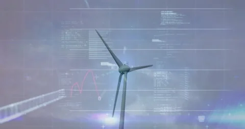 Animation of wind turbine turning, data processing and stock exchange graph Stockbeeldmateriaal 132510312