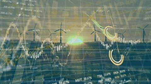 Animation of wind turbines moving at sunset and stock exchange graph increasing Stock Footage 132510265