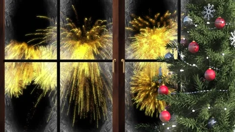 Animation of window with christmas tree and fireworks exploding in night sky Video stock 165600327