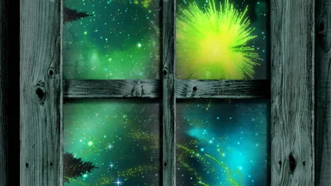 Animation of window with green christmas and new year fireworks exploding in Video stock 312470153