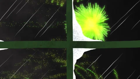 Animation of window with snow, christmas trees and green fireworks exploding in Video stock 312436742