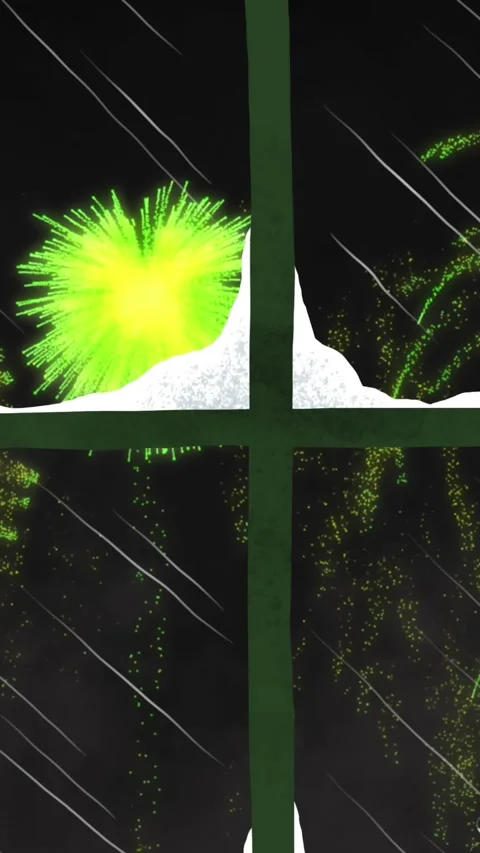 Animation of window with snow, christmas trees and green fireworks exploding in Video stock 324611161