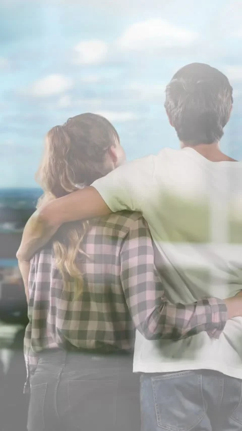 Animation of windows over couple embracing looking at cityscape Vídeo Stock 342136157