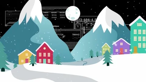 Animation of winter landscape over numbers and tables on black background Video stock 219086863