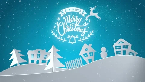 Animation of winter scenery with pine forest, houses, deer and quietly falling Stock Footage 143531246