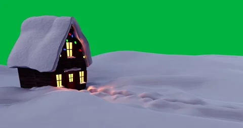 Animation of winter scenery with rustic house and fairy lights covered in snow Stock Footage 325420317