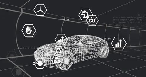 Animation of wireframe car with data icons and graphs on dark background Stock Footage 328520866