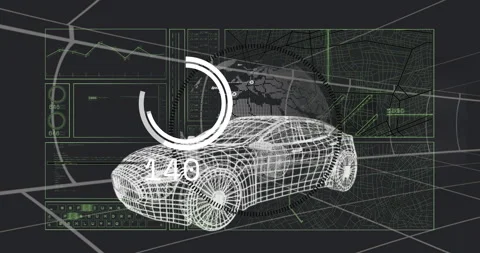 Animation of wireframe car with digital data and graphs in futuristic design Stock Footage 303450730