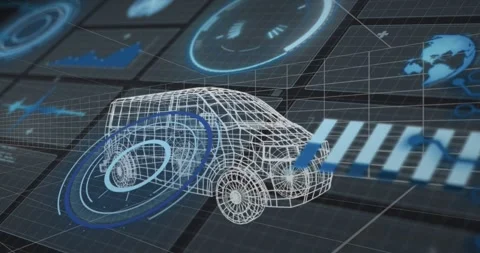 Animation of wireframe car model with digital interface elements in school Stock Footage 326881513