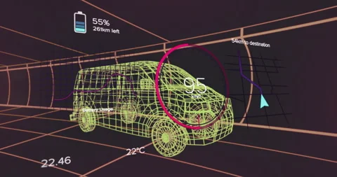 Animation of wireframe vehicle dashboard displaying speed, battery, and Video stock 303450722