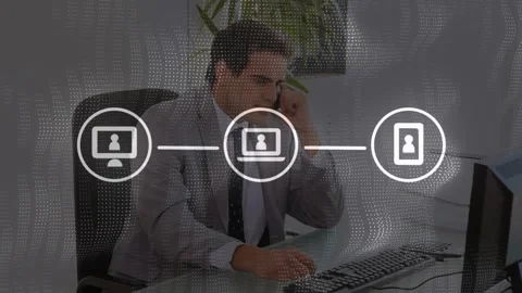 Animation of wireless icons in flow chart over caucasian businessman talking Stock Footage 329692697