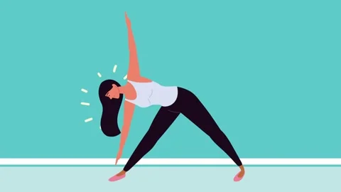 Animation of woman performing triangle pose yoga exercise against turquoise.. 스톡 동영상 339081167