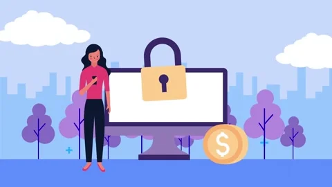 Animation of woman using smartphone with computer screen showing padlock an.. Stock Footage 339269345