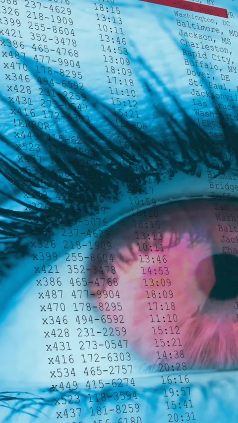 Animation of woman's red eye opening with scrolling digital information and Stock Footage 331653028