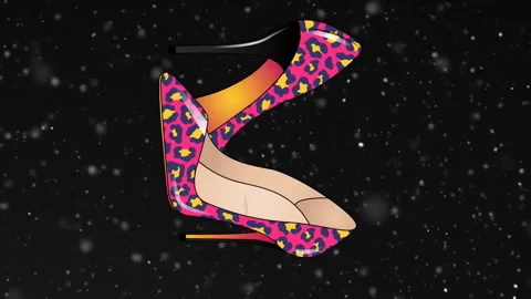 Animation of women's pink, leopard print high heeled shoes on starry night sky Stock Footage 313087814