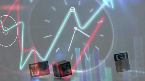 Animation of wooden blocks with why text over multicolored graphs, digital clock Stock Footage 209937613
