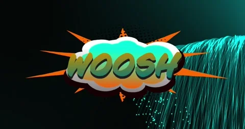 Animation of woosh text over light trails on black background Stock Footage 329122786