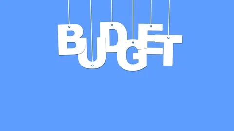 Animation of word "Budget" with strings hanging on blue background. Stock Footage 74039181