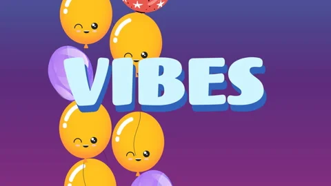 Animation of the word vibes in blue with floating balloons on purple Stock Footage 156480033
