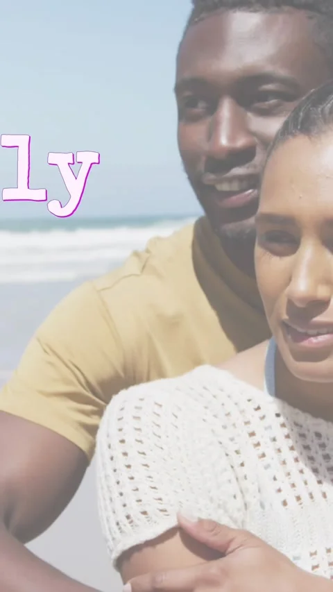 Animation of the words good vibes only in purple over happy couple embracing on Stock Footage 342097497