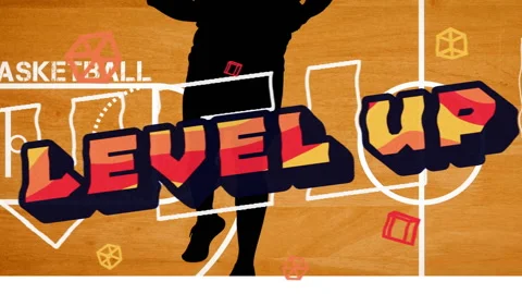 Animation of the words level up in orange over basketball player silhouette on Video stock 156480281