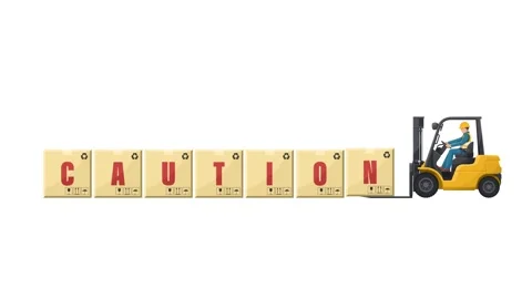 Animation of worker driving a forklift loading boxes with the word CAUTION 库存影片 324050252
