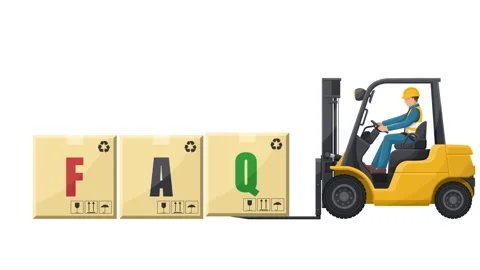 Animation of worker driving a forklift loading boxes with the word FAQ Stock Footage 324050253