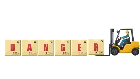 Animation of worker driving a forklift loading boxes with the word DANGER Stock Footage 324050256