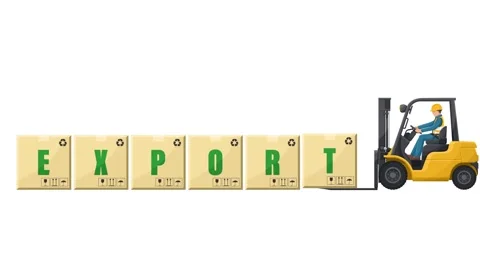 Animation of worker driving a forklift loading boxes with the word EXPORT Stock Footage 324050261