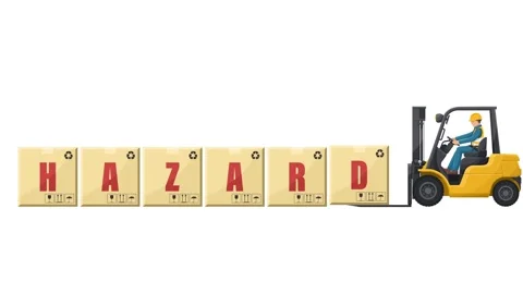 Animation of worker driving a forklift loading boxes with the word HAZARD Stock Footage 324050262