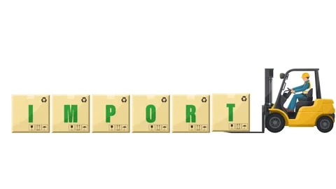 Animation of worker driving a forklift loading boxes with the word IMPORT Stock Footage 324050270