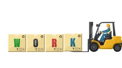 Animation of worker driving a forklift loading boxes with the word WORK Stock Footage 324050284