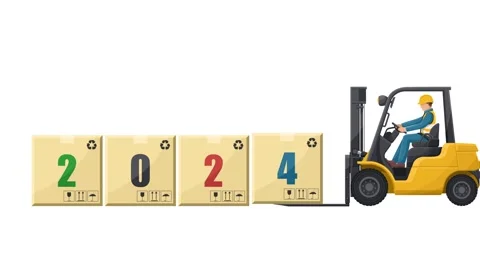 Animation of worker driving a forklift loading boxes with the word 2024 Stock Footage 324059400