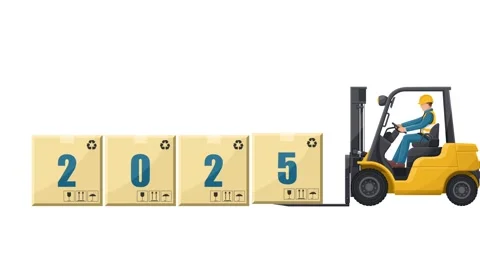 Animation of worker driving a forklift loading boxes with the word 2025 Stock Footage 324059452