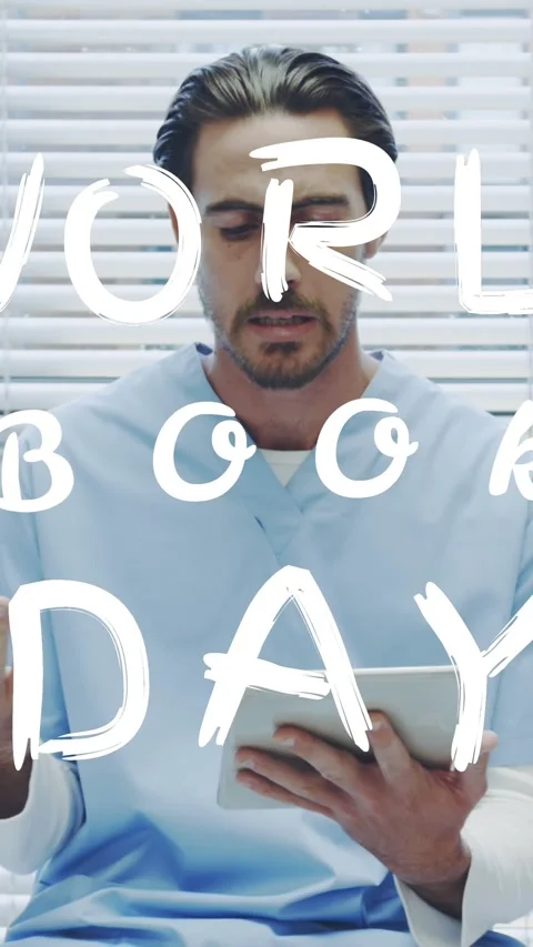 Animation of world book day over caucasian male doctor using tablet Stock Footage 342009453