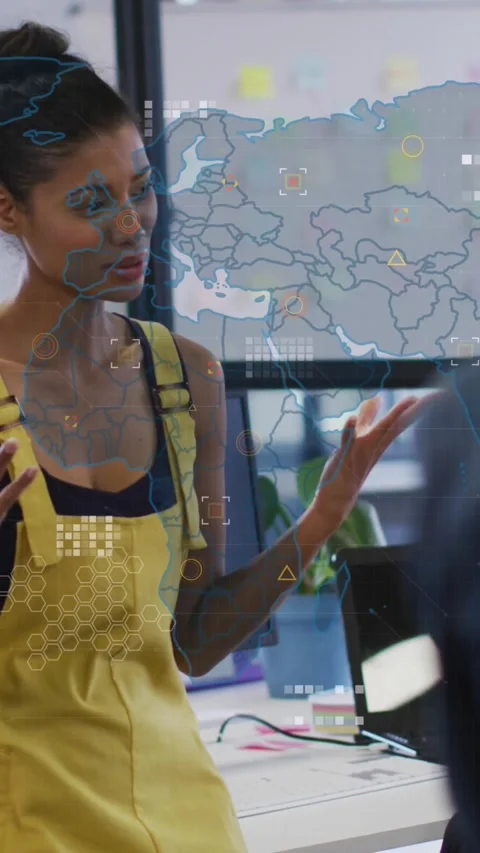 Animation of world map against african american woman talking to diverse Stock Footage 343955299