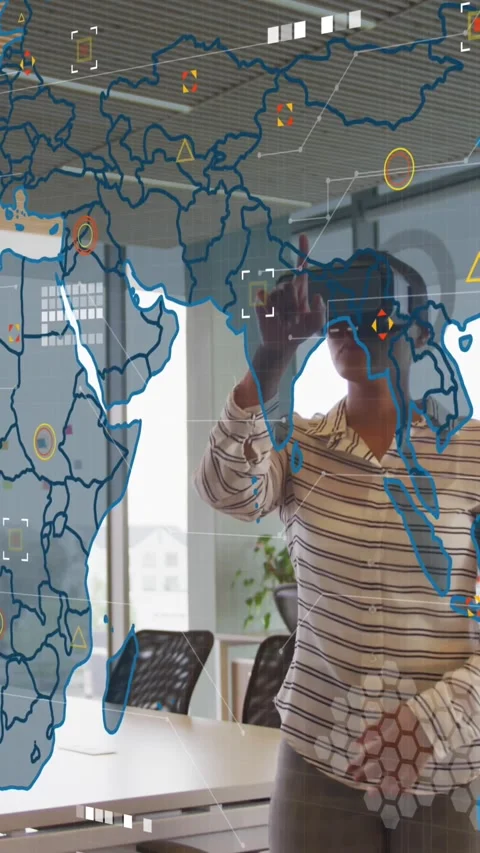 Animation of world map against african american woman wearing vr headset at Stock Footage 344746200