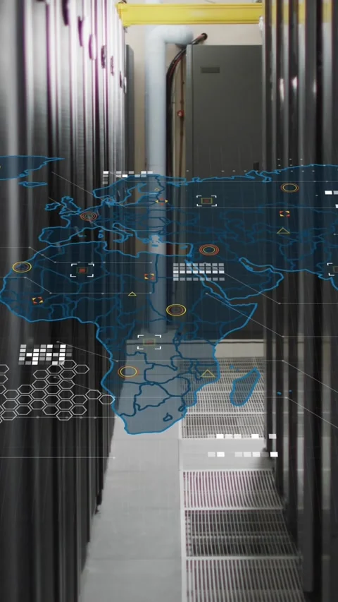 Animation of world map against computer server room Stock Footage 344723419