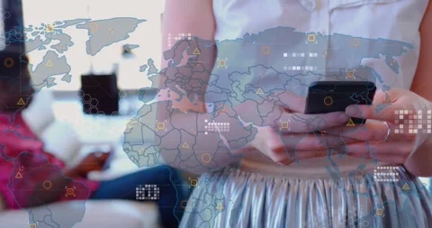 Animation of world map against mid section of caucasian woman using smartphone Stock Footage 328507351