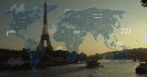 Animation of world map and data processing over paris landscape Stock Footage 238882730
