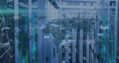 Animation of world map and data processing over plexus networks against computer Stock Footage 242094152