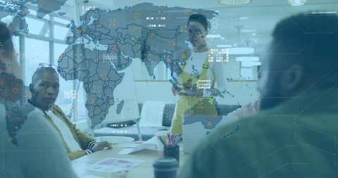 Animation of world map and data visualization with team collaborating in office Stock Footage 304762899